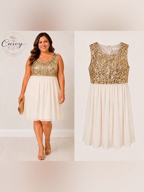 Hangar’s Gold Sequin Empire Waist Chiffon Dress | 3XL Wedding Guest Party Dress